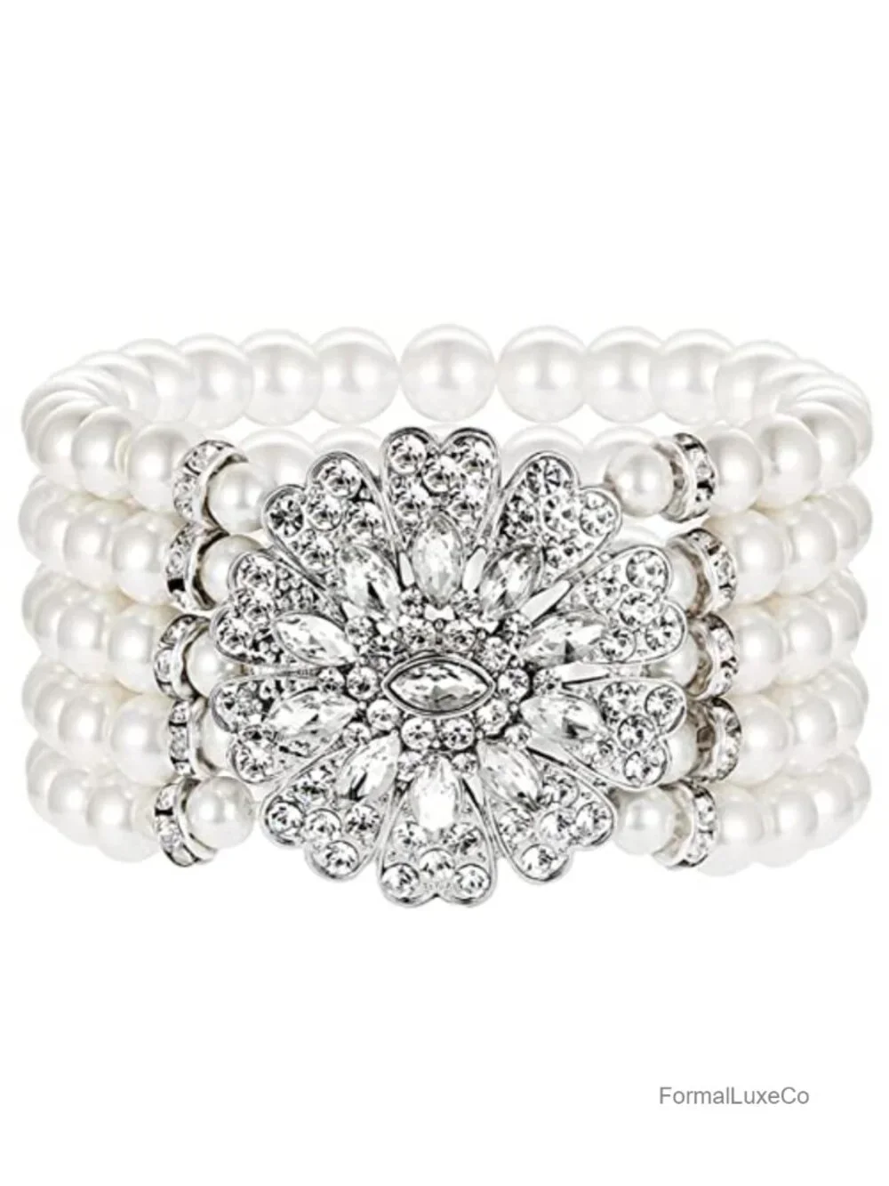 Faux Pearl Stretch Bracelet 5 Row Austrian Crystal 1920s Flapper Gatsby